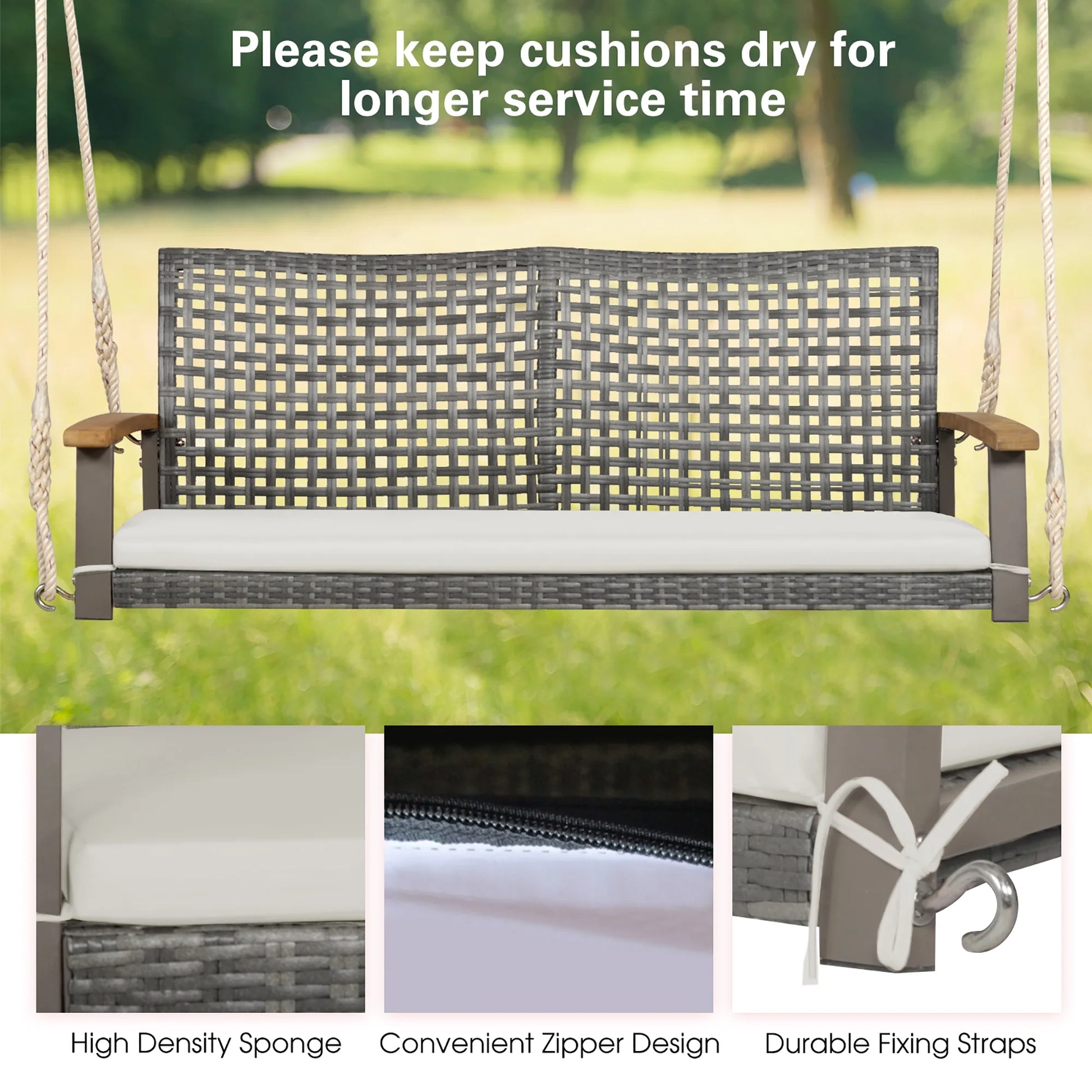 Gymax Rattan Patio Porch Swing 2-Person Cushioned Swing Chair Bench w/Hanging Ropes Off White