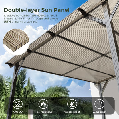 GVDV 14' x 10' Hardtop Gazebos Pergola, Outdoor Wall Mounted Gazebos with Aluminum Frame and Thickened columns for Patio,Backyard,Garden