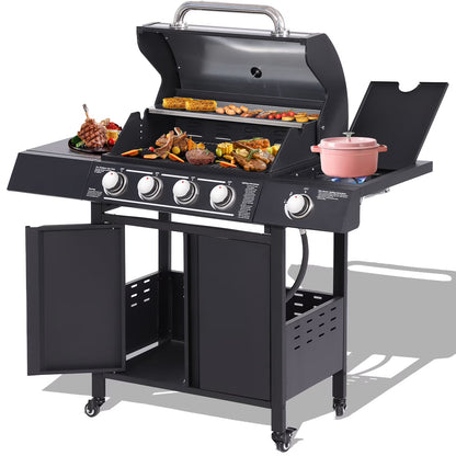 Haverchair 4-Burner Gas BBQ Grill, Cast Iron Barbecue Gas Grill with Side Burner and Bottle Opener for Outdoor Patio Garden Picnic Backyard Cooking, 50,000BTU Black