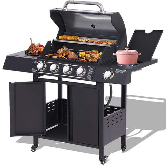 Haverchair 4-Burner Gas BBQ Grill, Cast Iron Barbecue Gas Grill with Side Burner and Bottle Opener for Outdoor Patio Garden Picnic Backyard Cooking, 50,000BTU Black