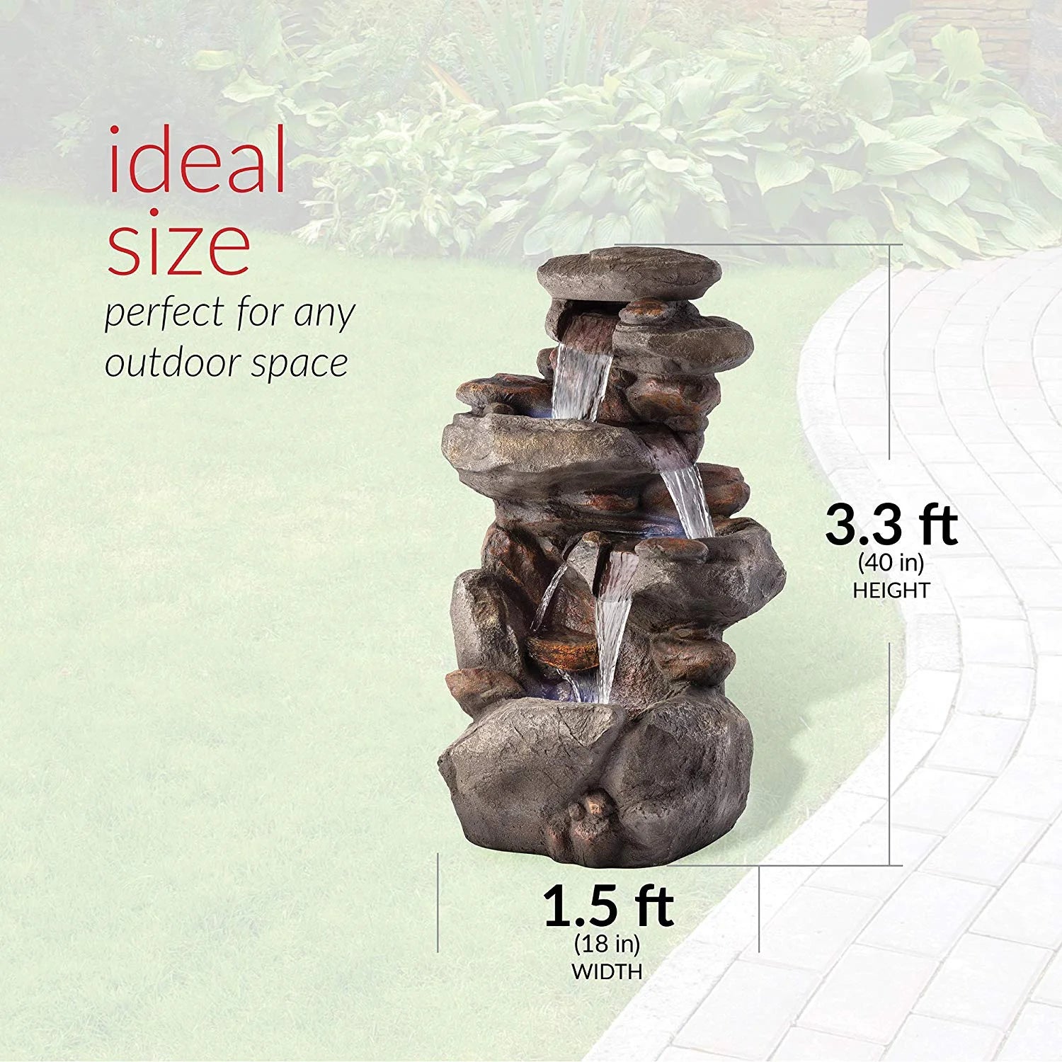 Alpine Corporation WIN1184 40" Outdoor Floor 3-Tiered Rock Waterfall Fountain with LED Lights, Natural Stone Look - Cascading Water Feature for Gardens, Patios, Yards, and Outdoor Dcor, Gray