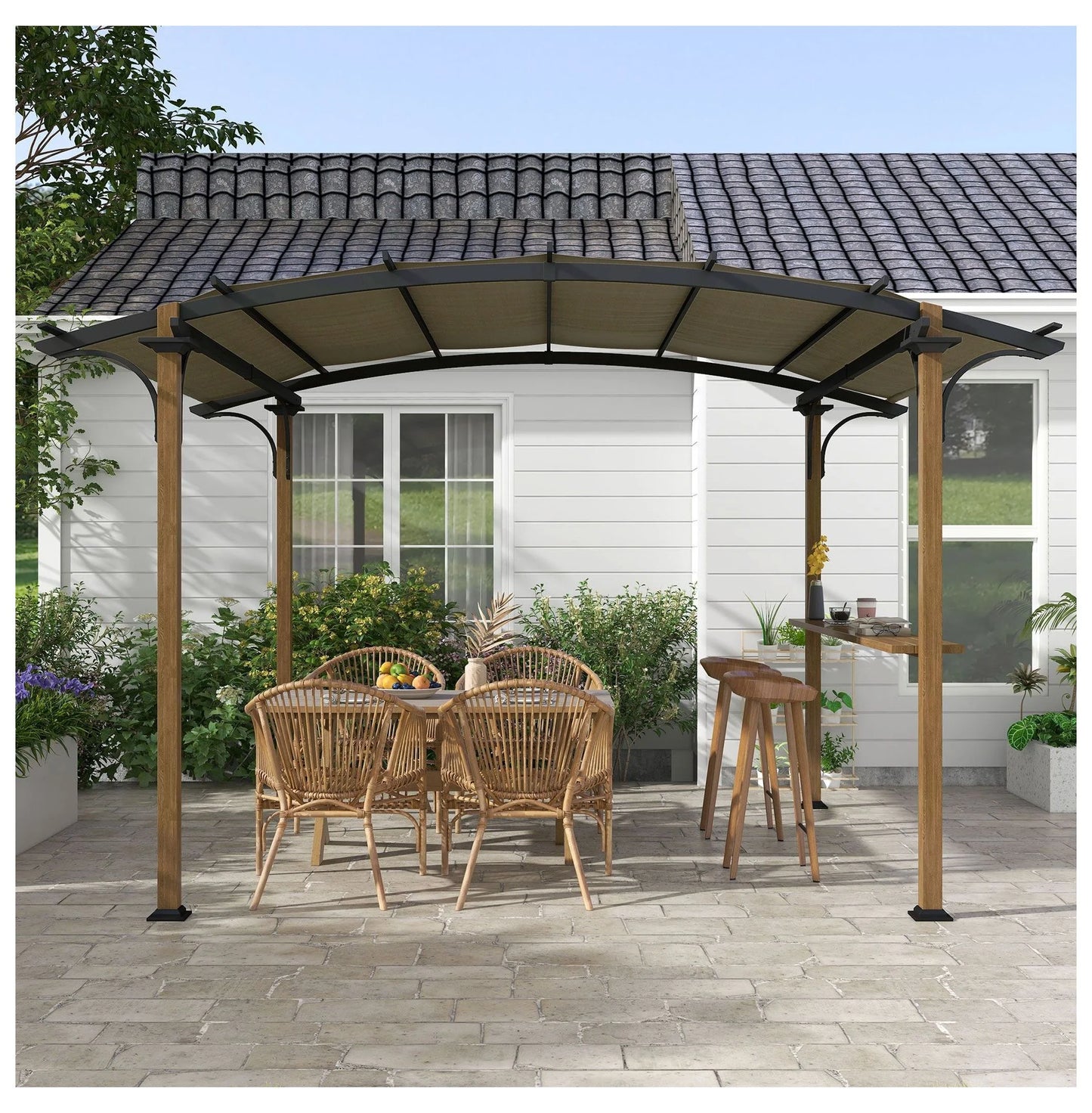 Outdoor Pergola with Bar, 12x10 ft Aluminum Metal Patio Canopy, Sun Shade for Backyard, Garden, Deck, Beige