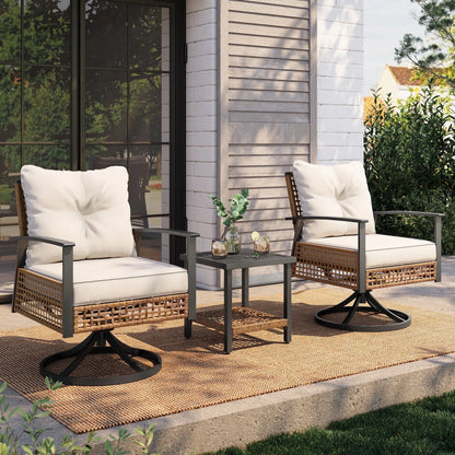 LAUSAINT HOME 3 Pieces Patio Outdoor Furniture Set with 2-Tier Coffee Table, PE Wicker Swivel & Rocking Chairs with Beige Cushions
