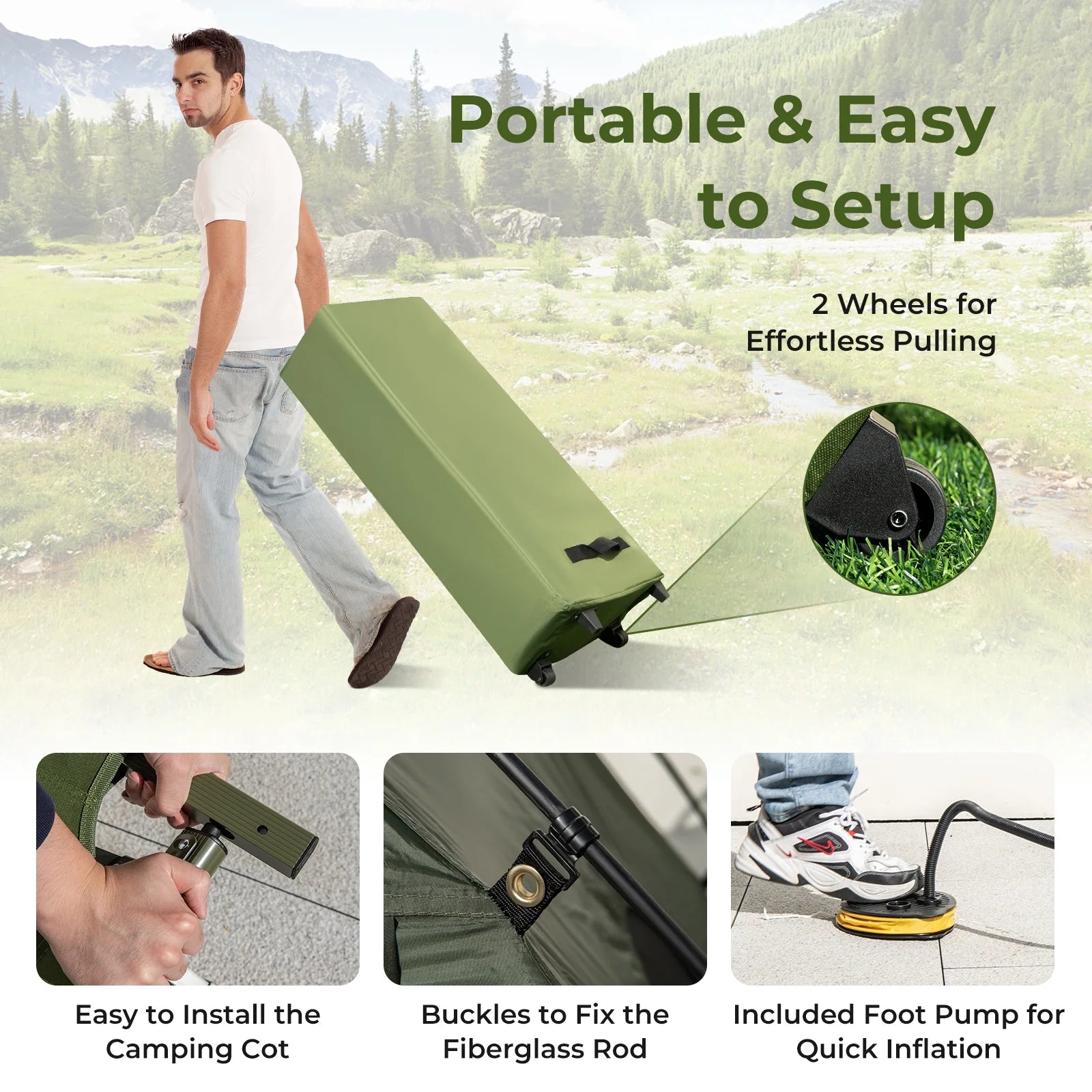 Patiojoy Folding 2-Person Camping Tent Cot Portable Pop-Up Tent with Sleeping Bag& Air Mattress for Outdoor Activity
