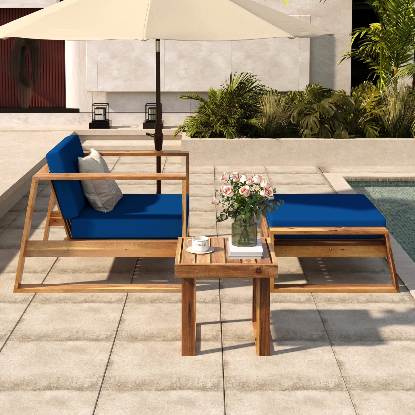 Harper & Bright Designs Wood Outdoor Lounge Chair & Ottoman Set, Modern Patio Seating Chaise with Solid Wood Frame & Water-Resistant for Backyard Poolside Garden, Natural+Beige