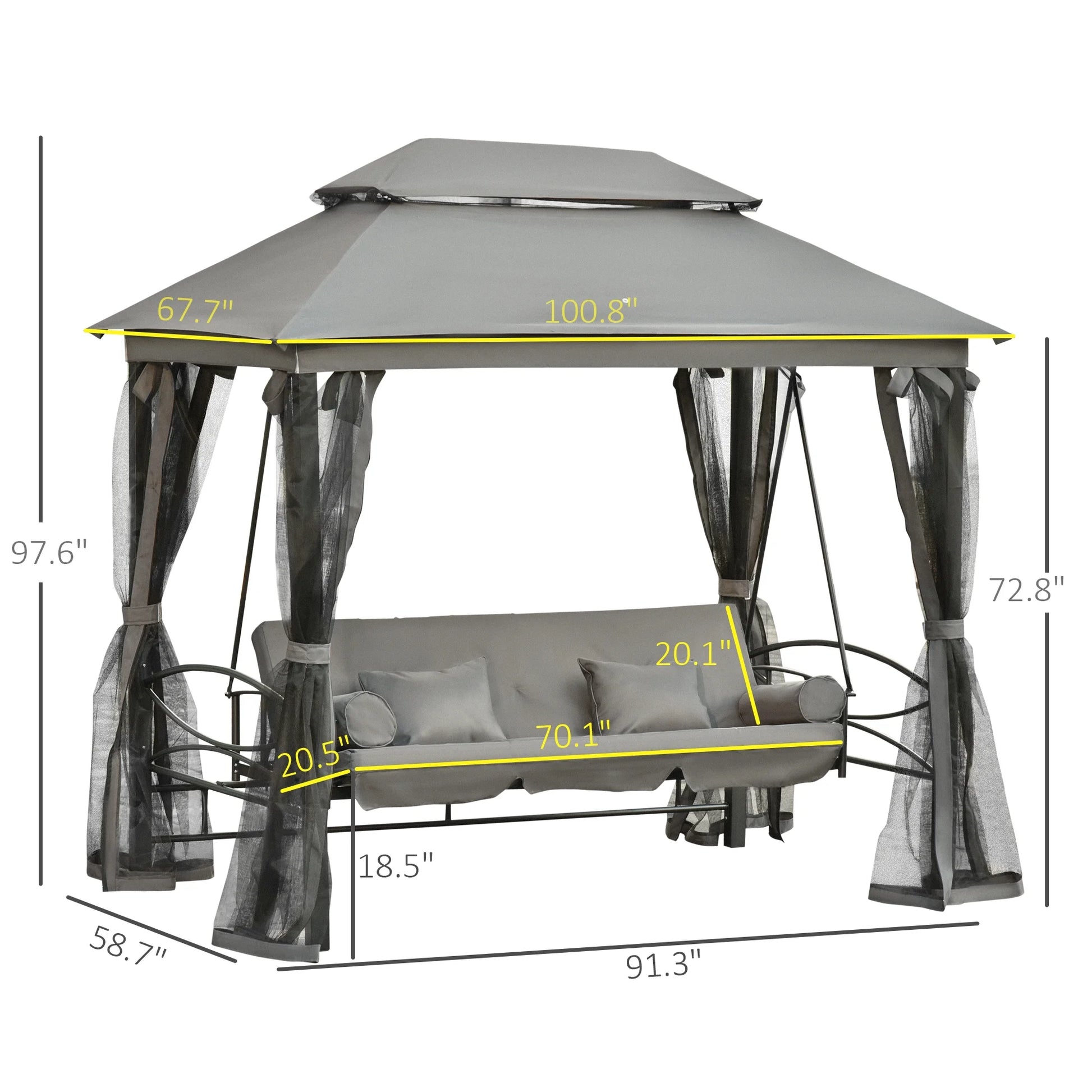 Outsunny 3 Person Patio Swing Chair, Gazebo Swing with Double Tier Canopy, Cushioned Seat, Mesh Sidewalls, gray