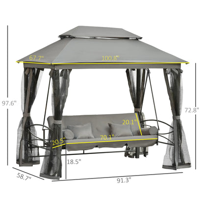 Outsunny 3 Person Patio Swing Chair, Gazebo Swing with Double Tier Canopy, Cushioned Seat, Mesh Sidewalls, gray