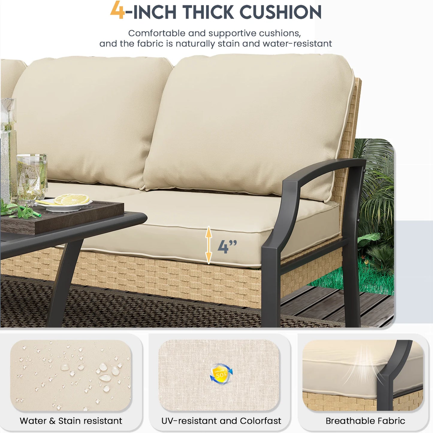 AECOJOY Outdoor Patio Wicker Furniture Sets On Sale,Rattan Patio Conversation Sets With Rocking Chair For Porch,Beige