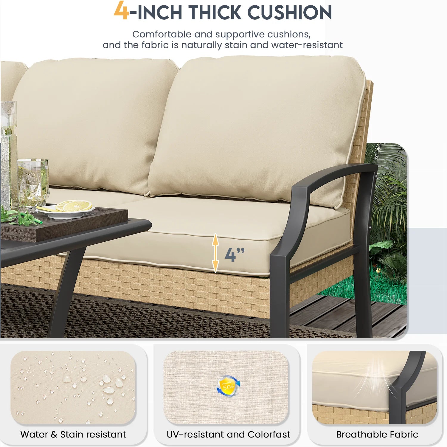 AECOJOY Outdoor Patio Wicker Furniture Sets On Sale,Rattan Patio Conversation Sets With Rocking Chair For Porch,Beige