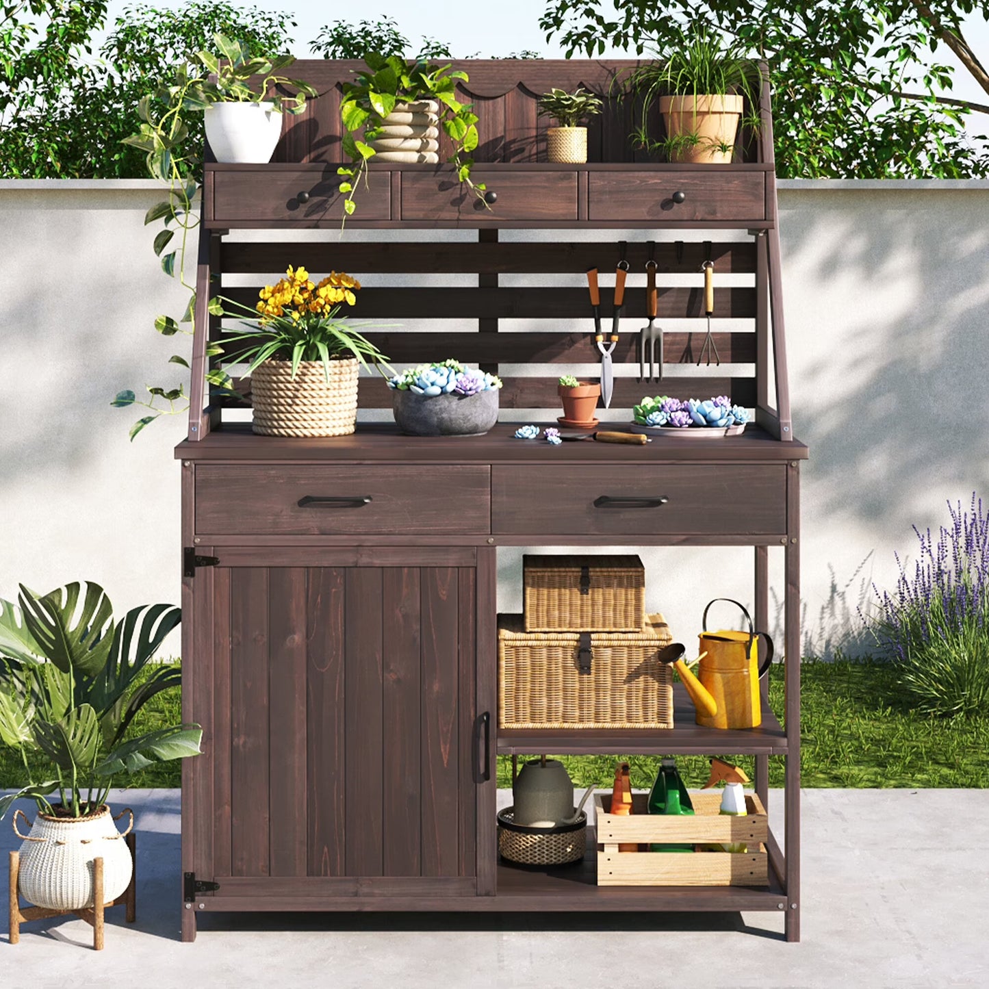 Deck Boxes Brown Fir Wood Potting Bench - 5-Drawer Garden Workstation with Slatted Back Panel & Storage Cabinet,Patio Storage Boxes