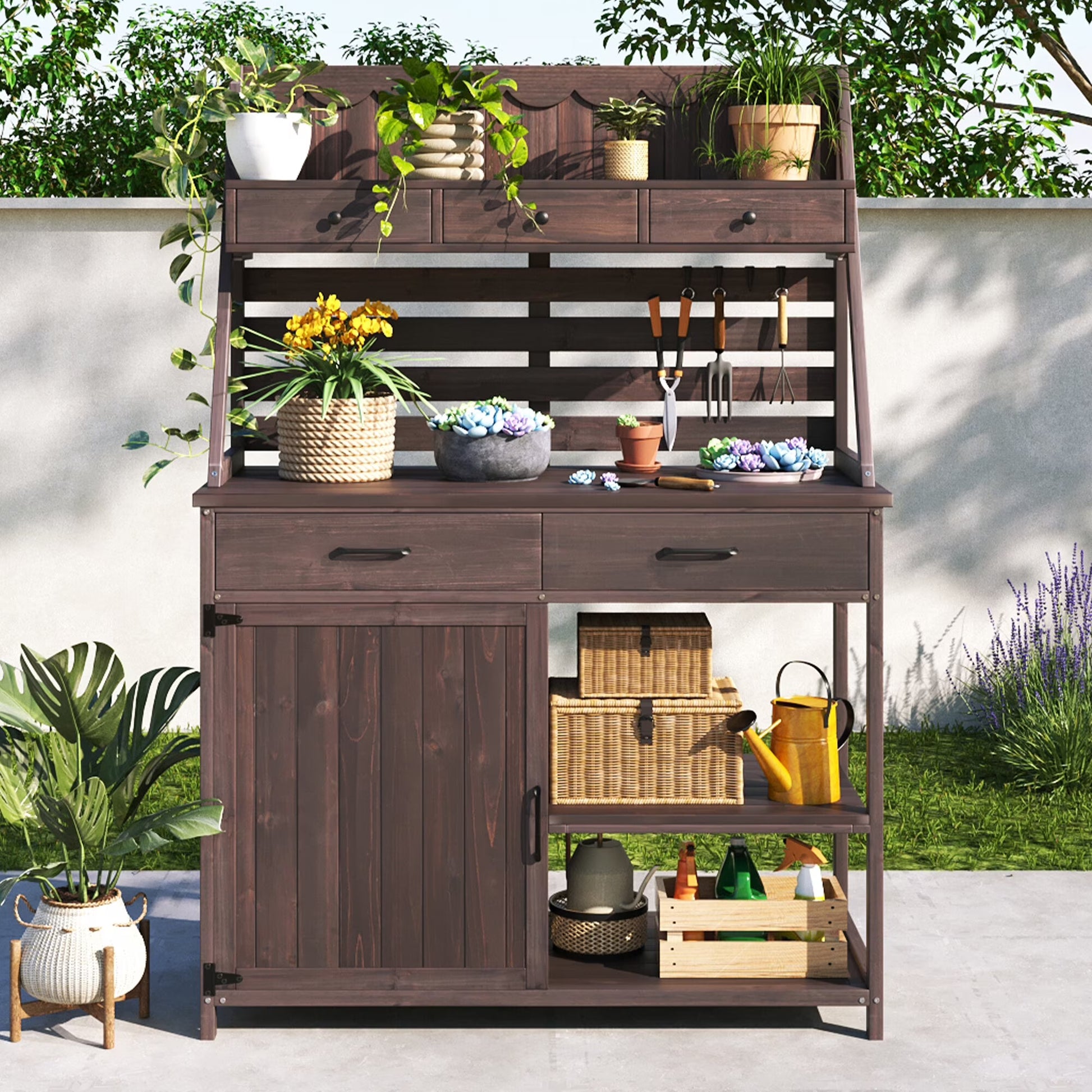 Deck Boxes Brown Fir Wood Potting Bench - 5-Drawer Garden Workstation with Slatted Back Panel & Storage Cabinet,Patio Storage Boxes