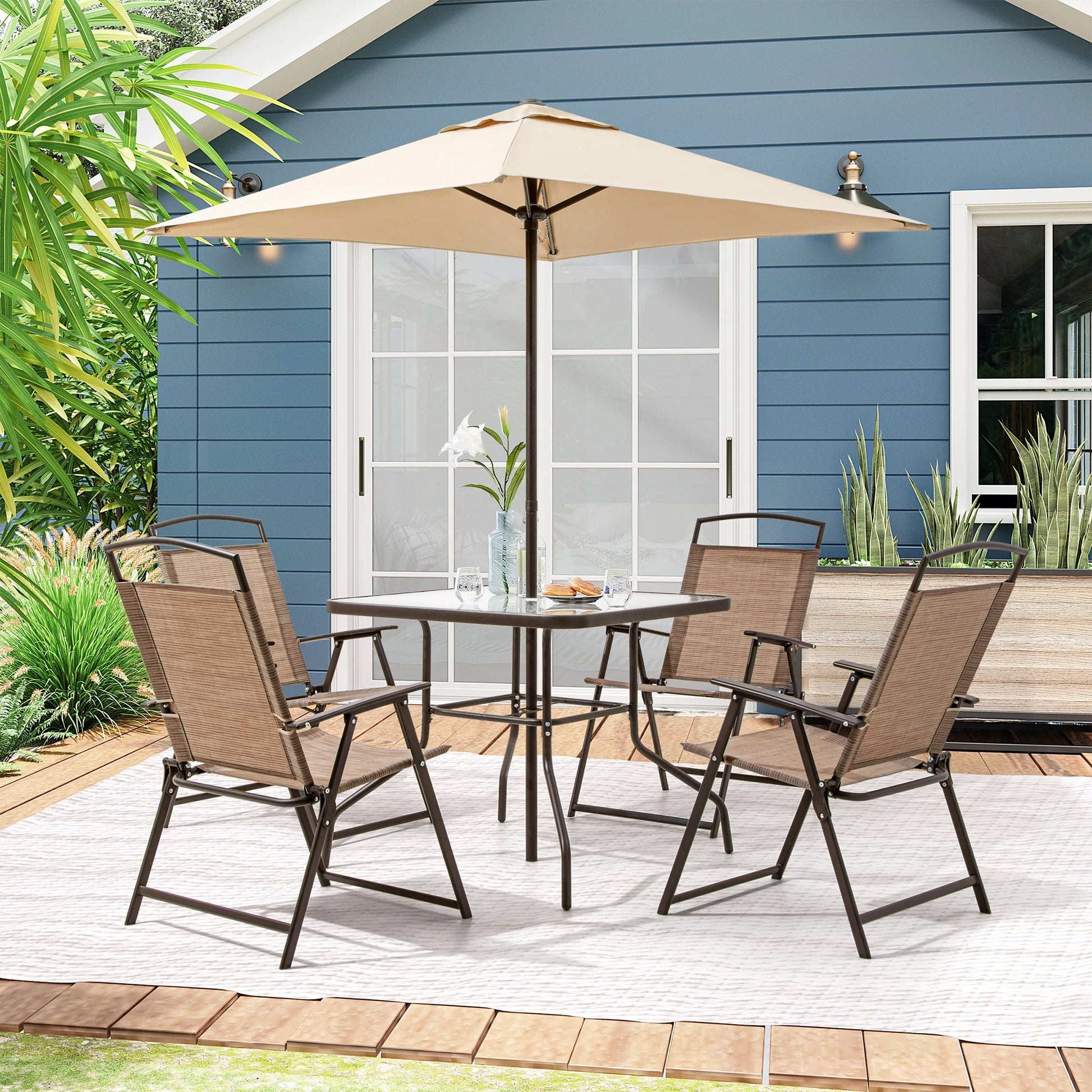 Pellebant 6 Pcs Metal & Glass Patio Dinning Set and Umbrella in Beige