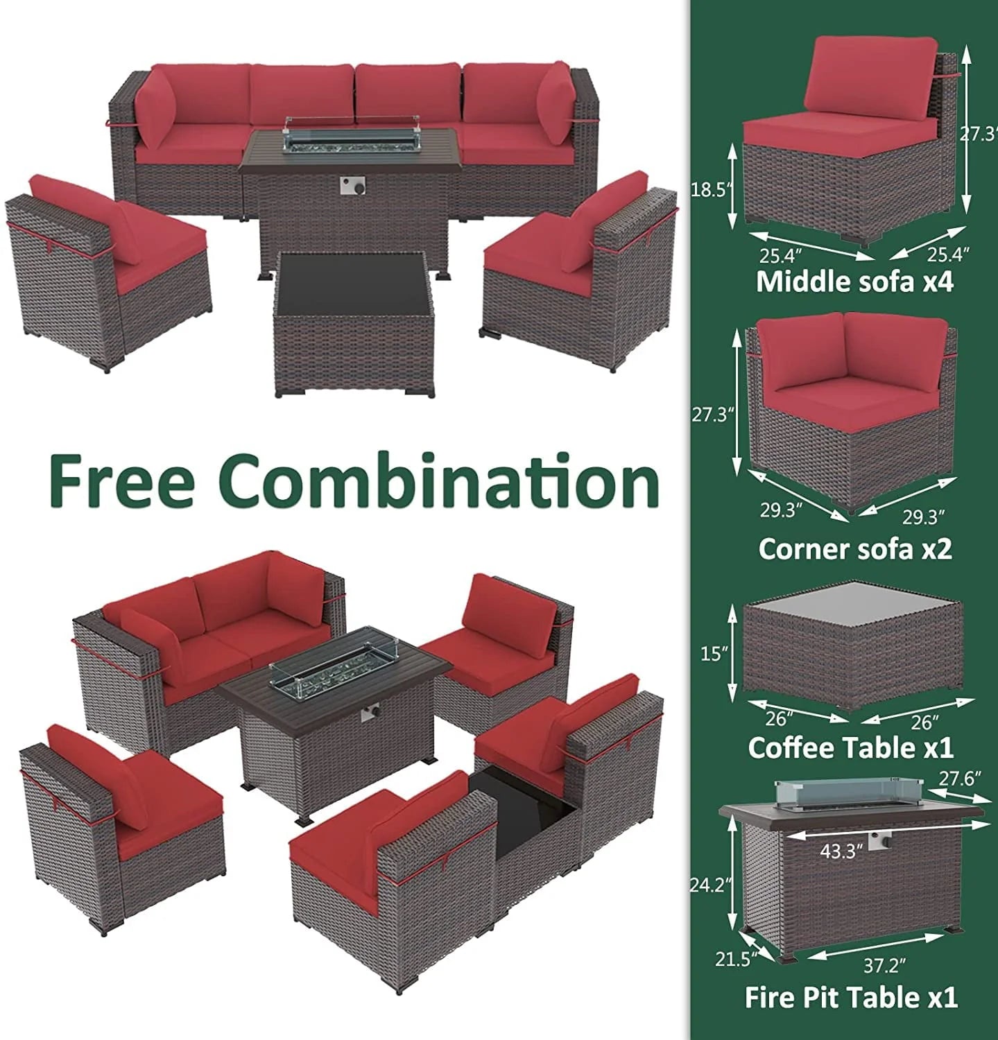 Gotland Outdoor Patio Sectional Furniture Set with 43" Propane Table 8Pcs Red Sponge Rattan Wicker