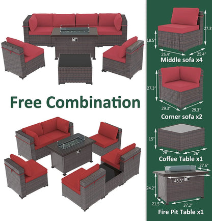 Gotland Outdoor Patio Sectional Furniture Set with 43" Propane Table 8Pcs Red Sponge Rattan Wicker