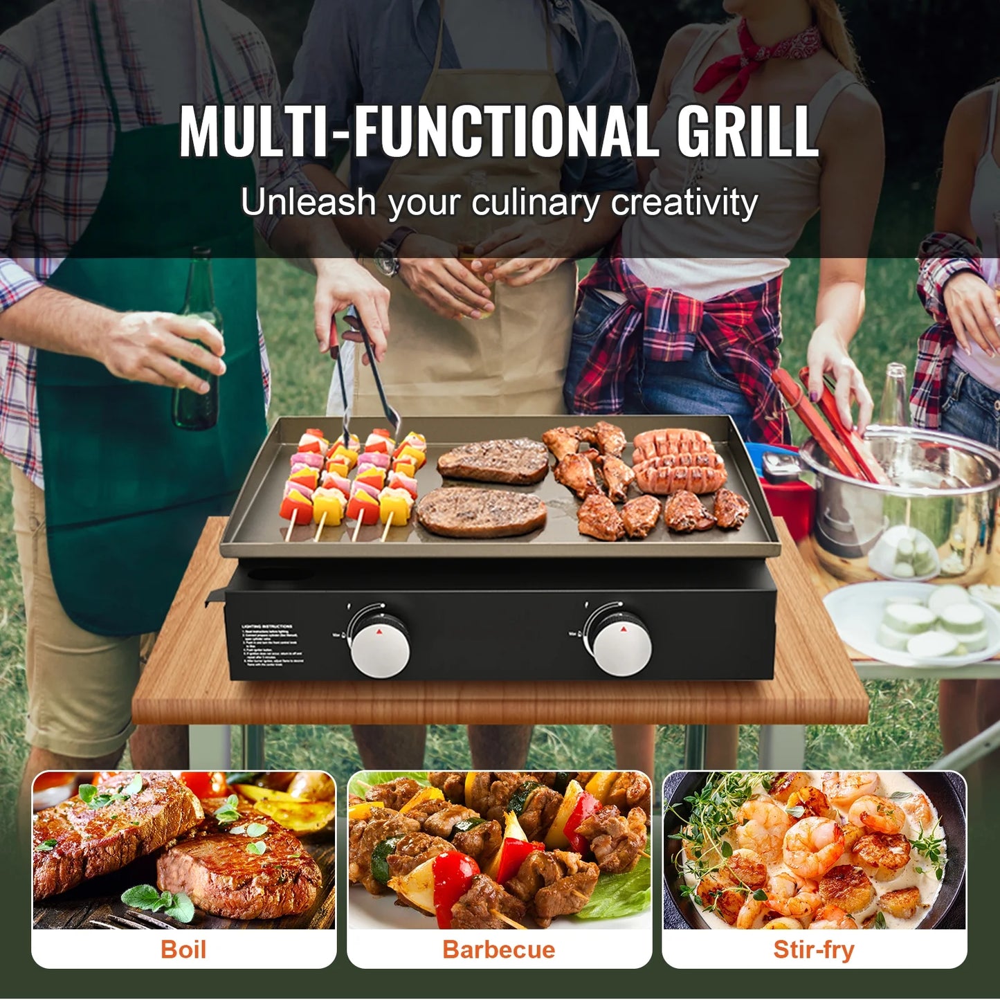 KFFKFF 22.4" Tabletop Gas Griddle, 2-Burner Outdoor Flat Top Grill Griddle with Non-Adhesive Cooking Plate, for Camping, Tailgating, Bbq, Parties, Backyard & Patio