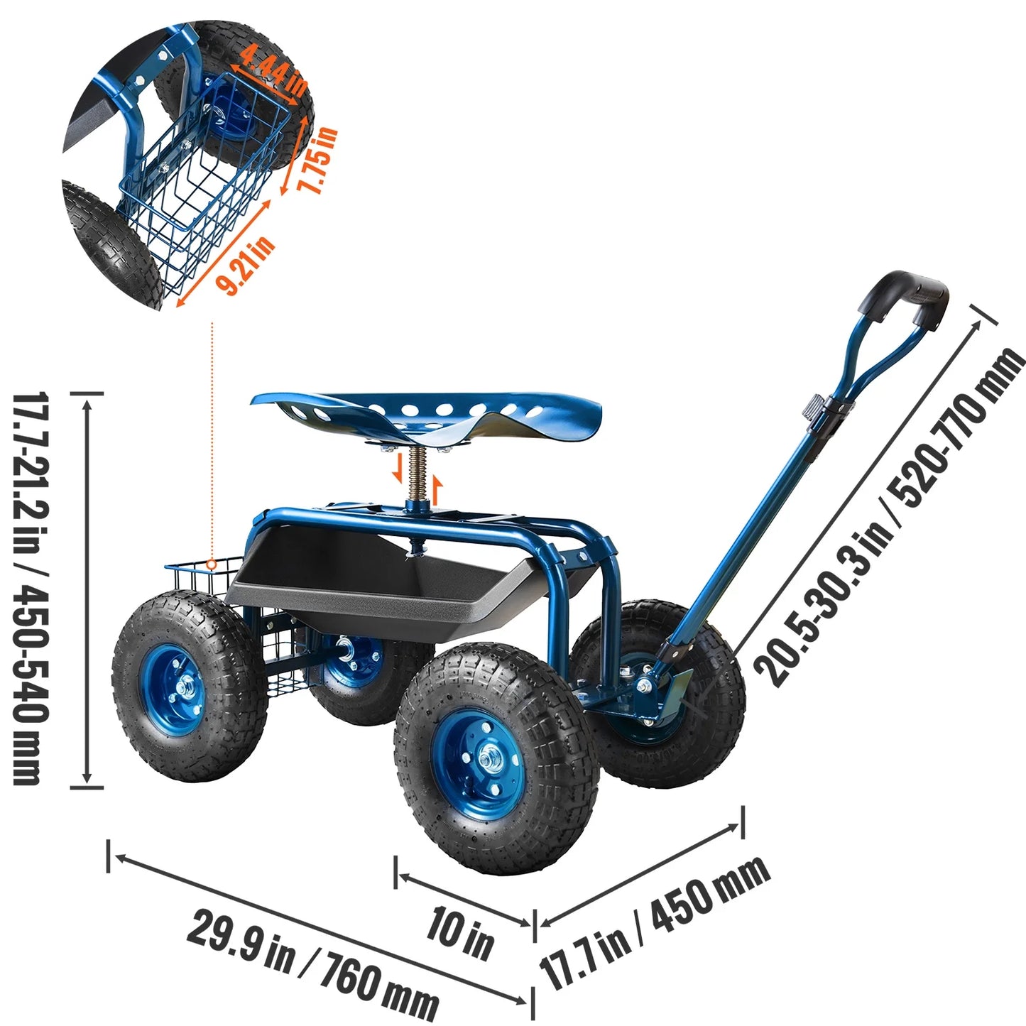 KFFKFF Outdoor Cart with Rotating Seat, Planting Stool on Wheels, Garden Trolley with Directional Handle and Handy Tool Tray, Ideal for Lawn, Patio, and Outside Areas, Blue