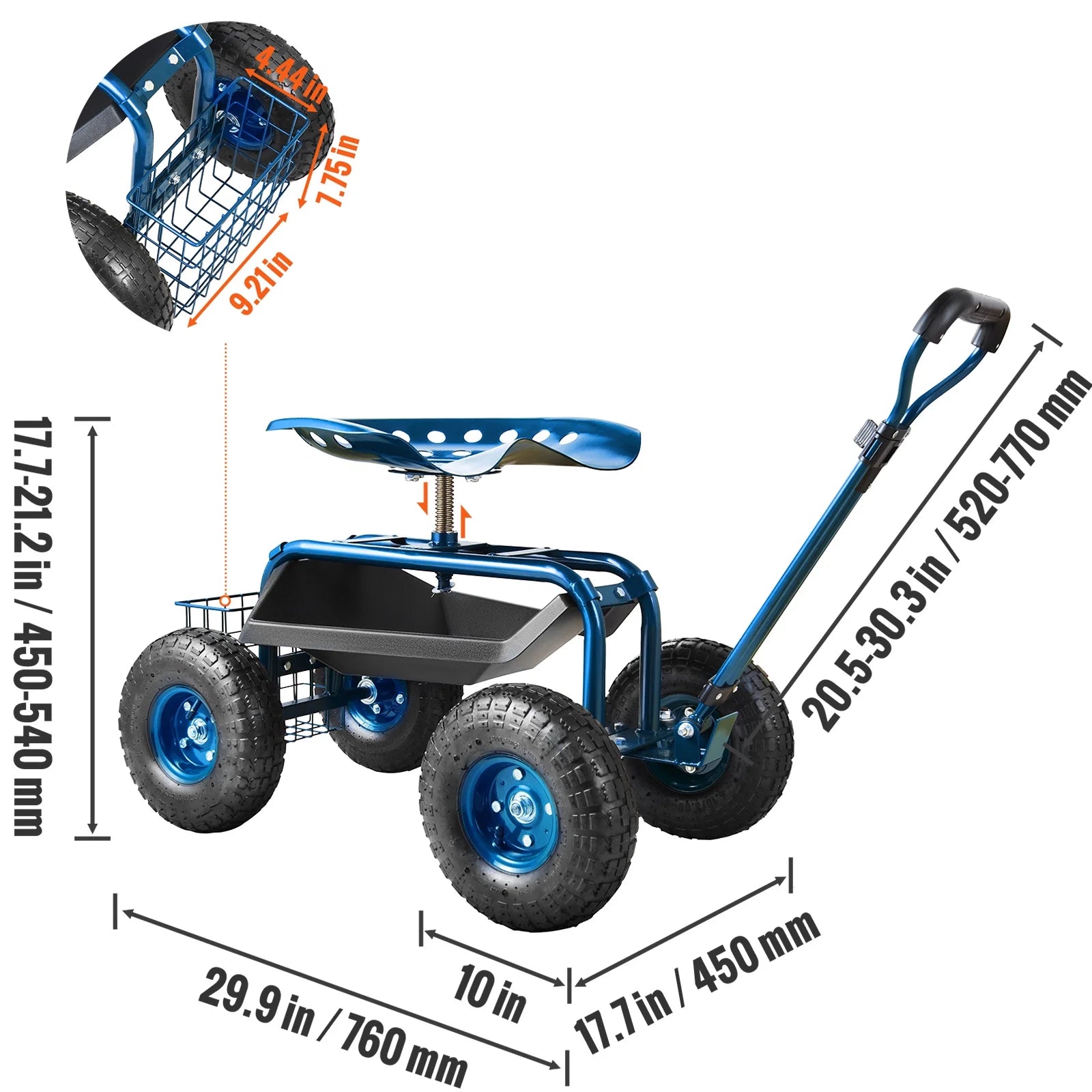 KFFKFF Outdoor Cart with Rotating Seat, Planting Stool on Wheels, Garden Trolley with Directional Handle and Handy Tool Tray, Ideal for Lawn, Patio, and Outside Areas, Blue