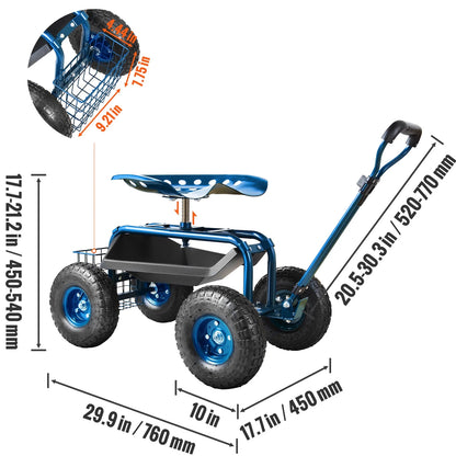 KFFKFF Outdoor Cart with Rotating Seat, Planting Stool on Wheels, Garden Trolley with Directional Handle and Handy Tool Tray, Ideal for Lawn, Patio, and Outside Areas, Blue