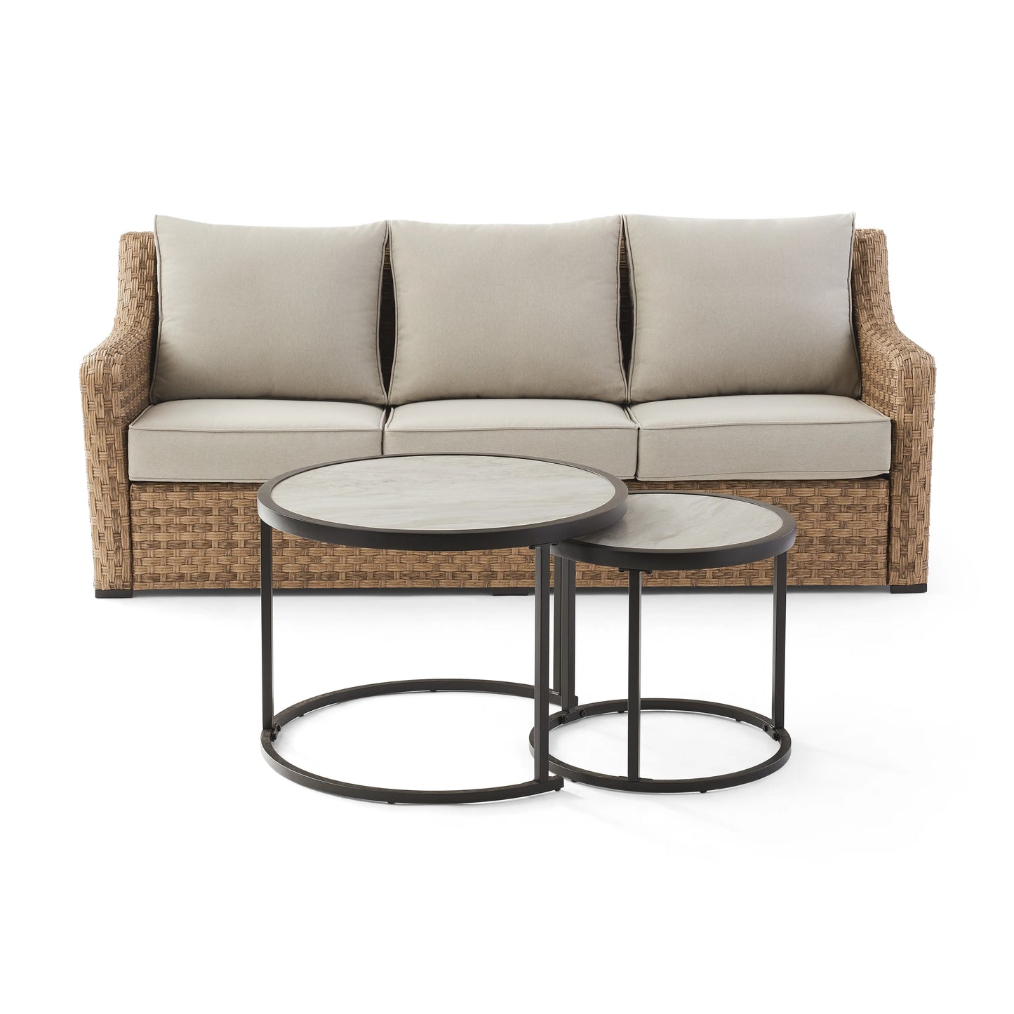 Better Homes & Gardens River Oaks Outdoor Sofa & 2 Nesting Tables with Patio Cover, Dark Brown