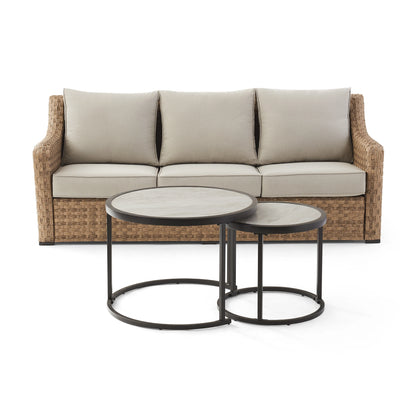 Better Homes & Gardens River Oaks Outdoor Sofa & 2 Nesting Tables with Patio Cover, Dark Brown