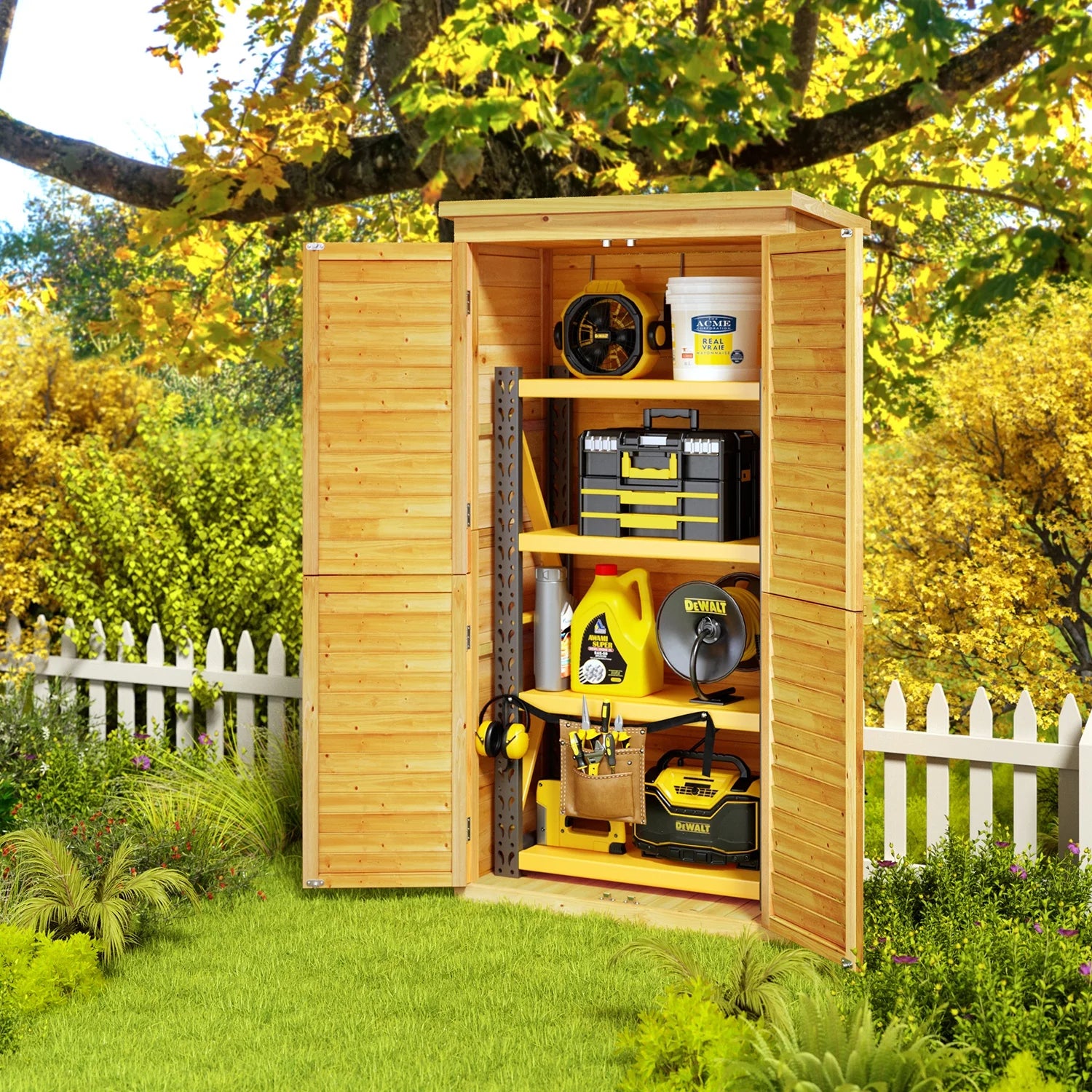 Asofer Outdoor Storage Cabinet, Garden Tool Shed with Removable Shelves & Asphalt Roof for Lawn, Patio, Natural