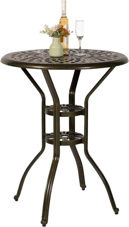 VIVIJASON 30.8" Round Cast Aluminum Patio Bar Table with Umbrella Hole, Antique Bronze