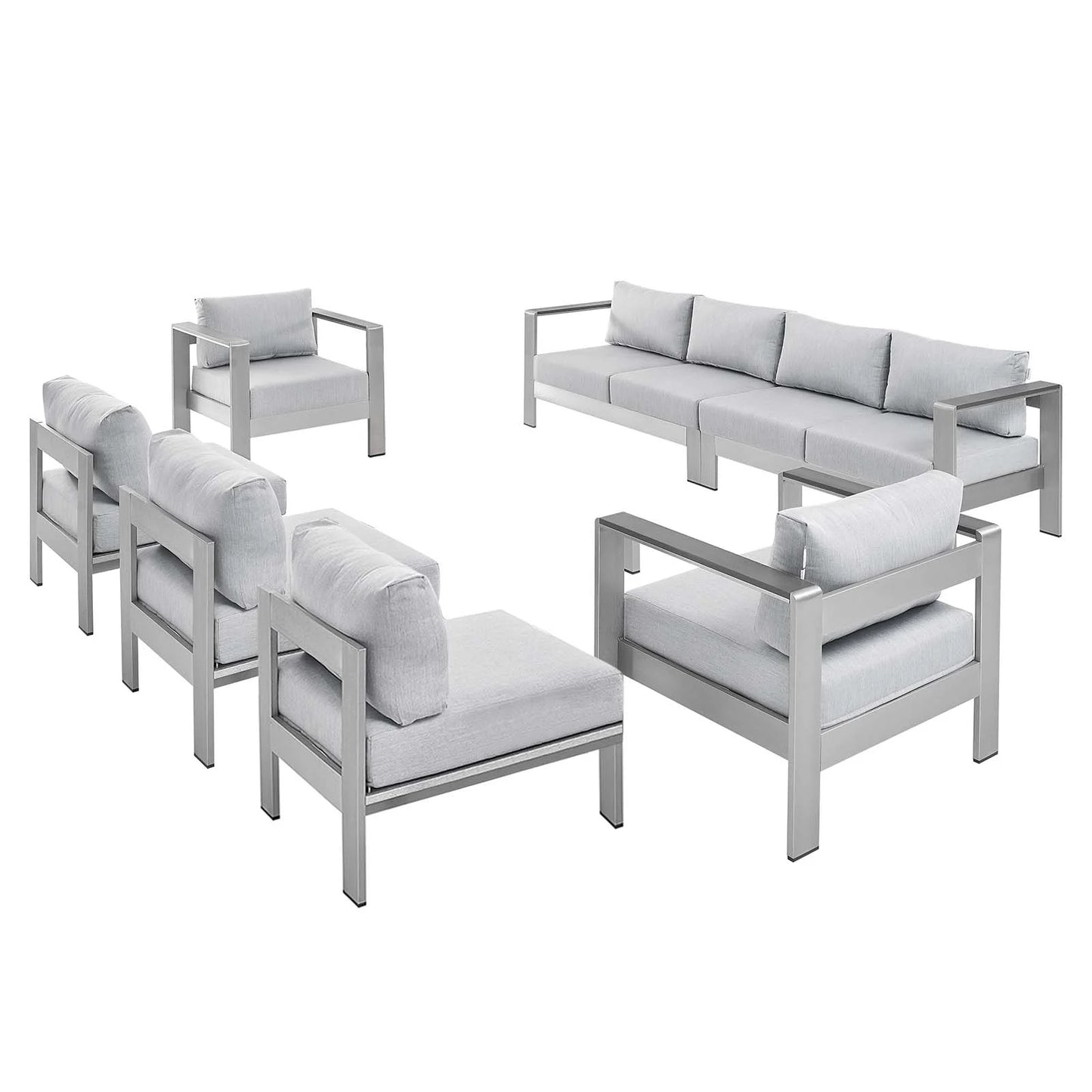 Modway Shore Sunbrella Fabric Outdoor Patio Aluminum 7 Piece Sectional Sofa Set in Silver Gray