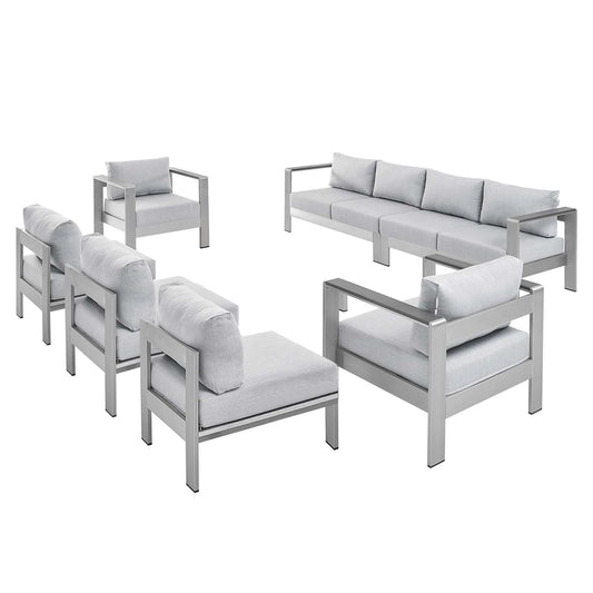 Modway Shore Sunbrella Fabric Outdoor Patio Aluminum 7 Piece Sectional Sofa Set in Silver Gray