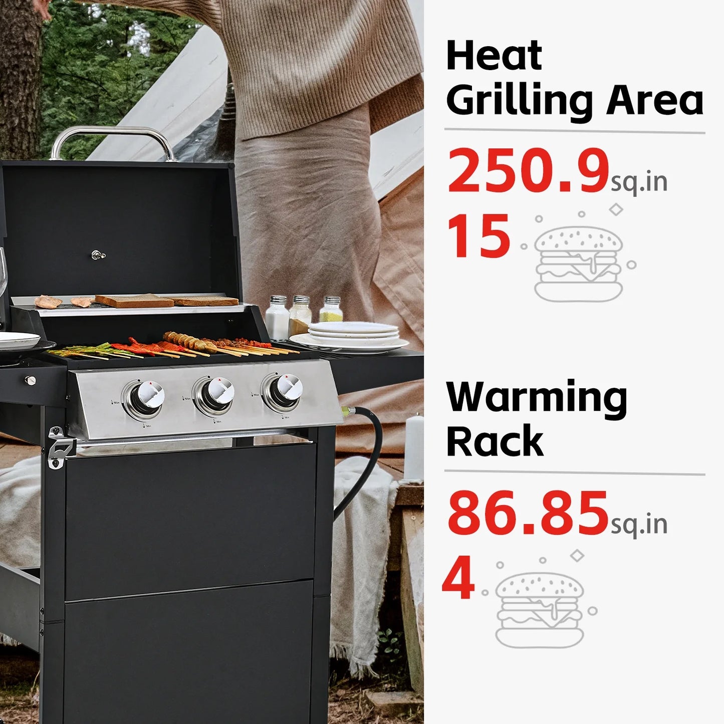 MEWANG 3-Burner Propane Gas Grill, 26000 BTU Stainless BBQ for Patio Garden | Outdoor Grill with Foldable Shelves