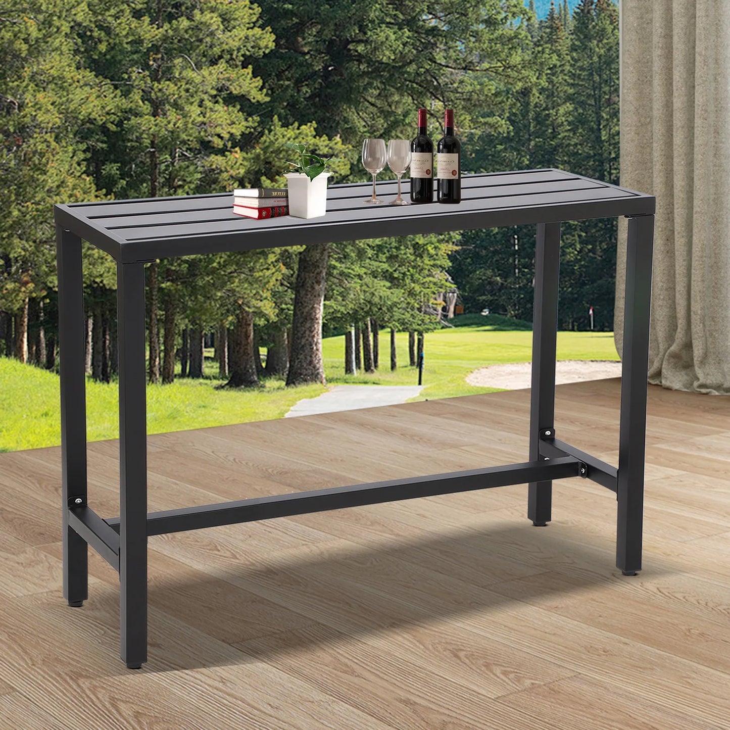 Outdoor Bar Table, 63 Patio Console Pub Height Table with Powder Coated Steel Frame and Weather Resistant Waterproof Top for Hot Tub, Balcony, Garden, Yard, Poolside, Indoor Outdoor