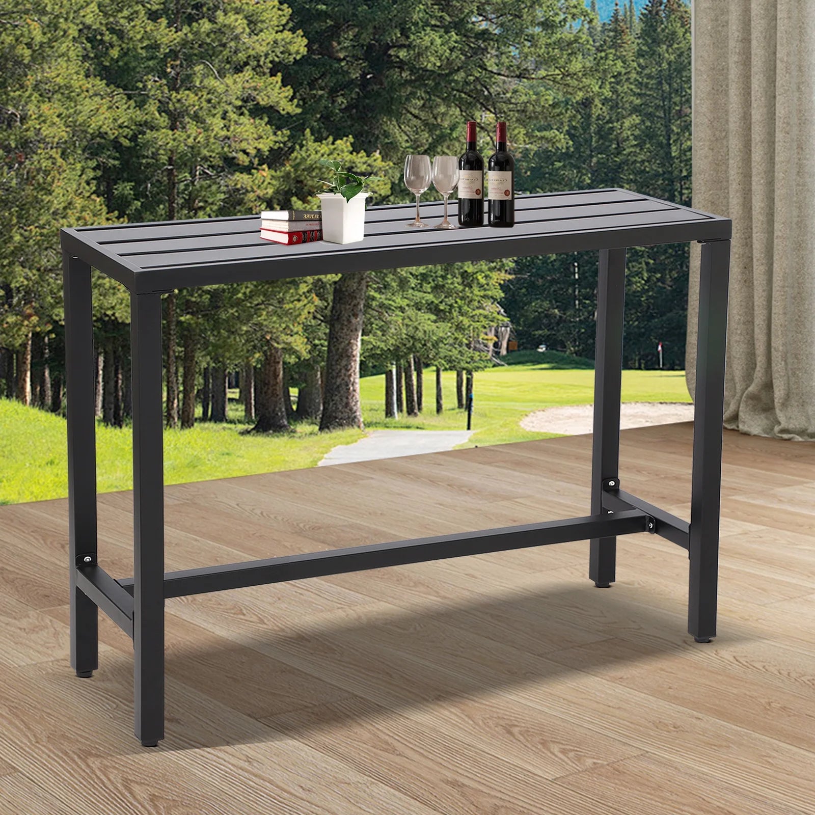 Outdoor Bar Table, 63 Patio Console Pub Height Table with Powder Coated Steel Frame and Weather Resistant Waterproof Top for Hot Tub, Balcony, Garden, Yard, Poolside, Indoor Outdoor