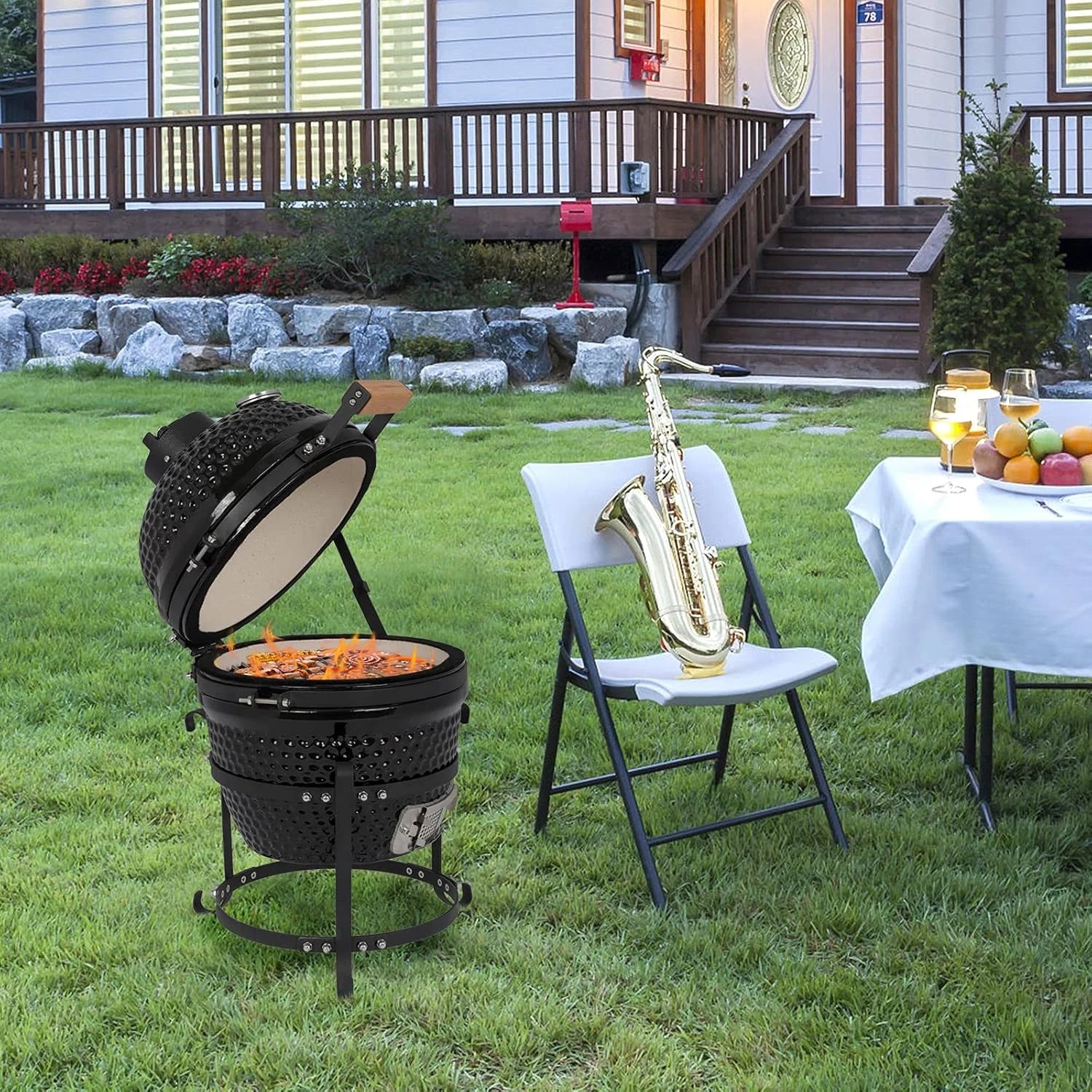 VINGLI 13" Kamado Charcoal Grill Portable Barbecue Grill BBQ Kettle Stand Lid Perfect for Outdoor Camping Patio Backyard Picnic