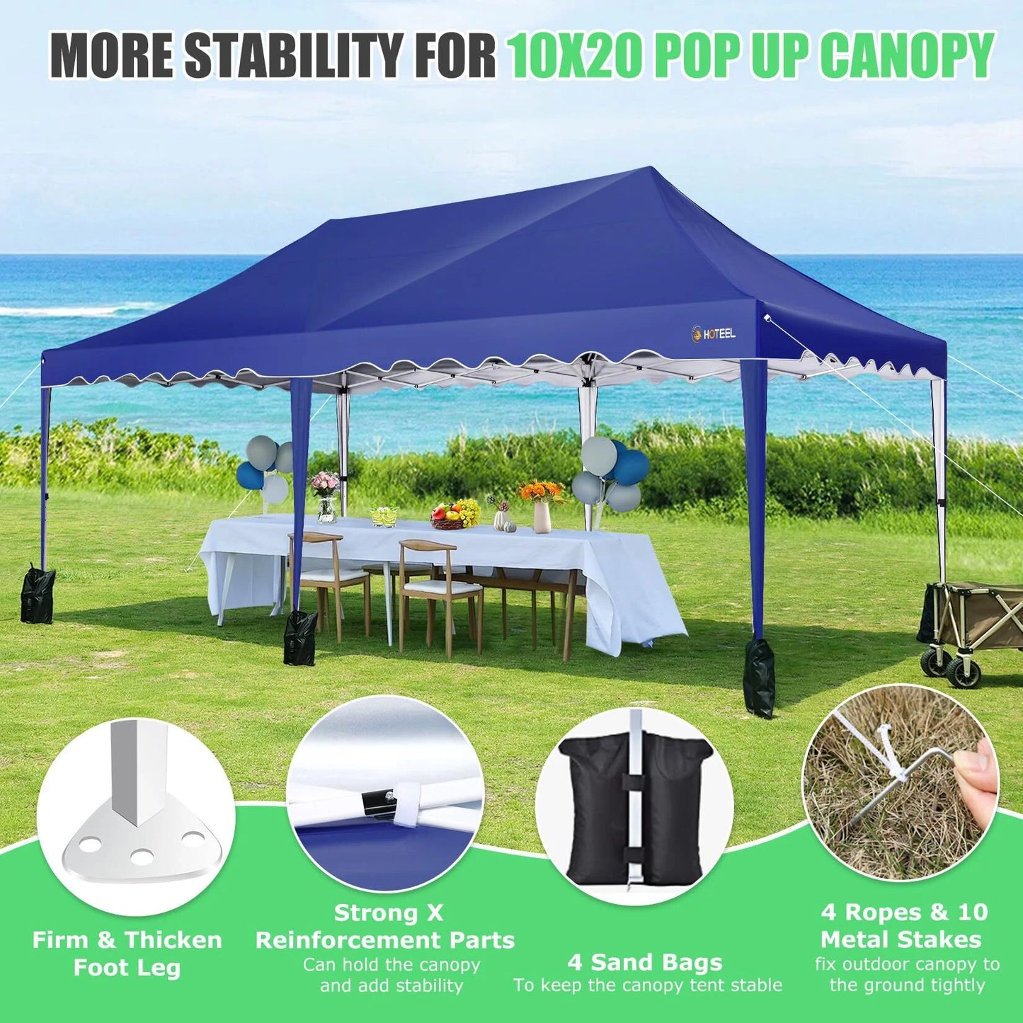 HOTEEL 10x20 Pop Up Canopy Tents for Parties, Outdoor Tent with Wheeled Bag & 4 Sandbags, Easy Setup Shelter Gazebo for Wedding, Patio Events, Commercial, Party -Waterproof and UV50+, Dark Blue