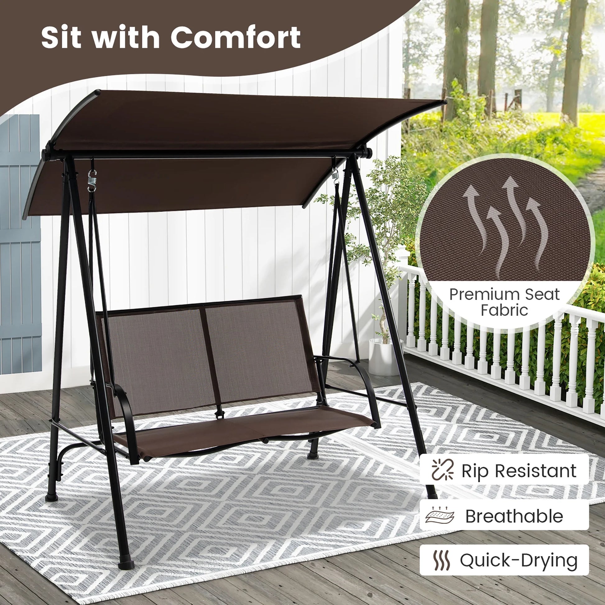 Gymax 2-Person Patio Swing Seat Swing Bench Canopy Swing Loveseat Outdoor Dark Brown