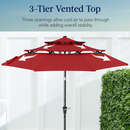 Best Choice Products 10ft 3-Tier Patio Umbrella, Market Sun Shade w/Tilt Adjustment, Easy Crank - Red