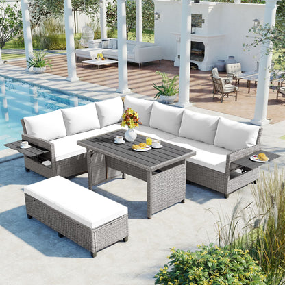 Harper & Bright Designs Outdoor Rattan Sectional Sofa Set with Dining Table, Patio L-Shaped Wicker Conversation Set with 2 Extendable Side Tables, Brown