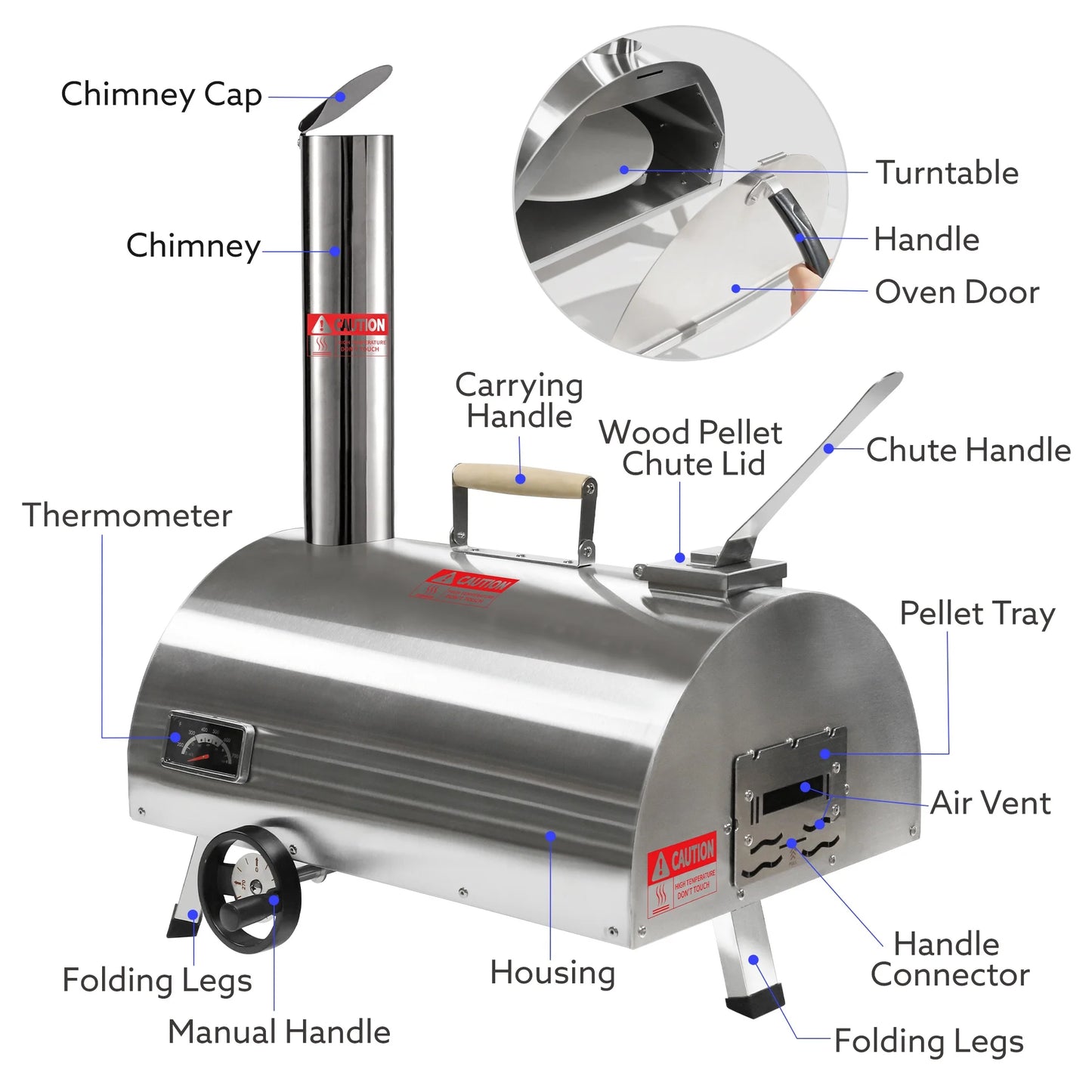 12" Wood Pellet Outdoor Pizza Oven, Portable Stainless Steel Rotatable Pizza Maker with Built-in Thermometer, Carry Bag, Pizza Cutter, Semi-Automatic Pellet & Wood Pizza Oven for Garden BBQ, Patio