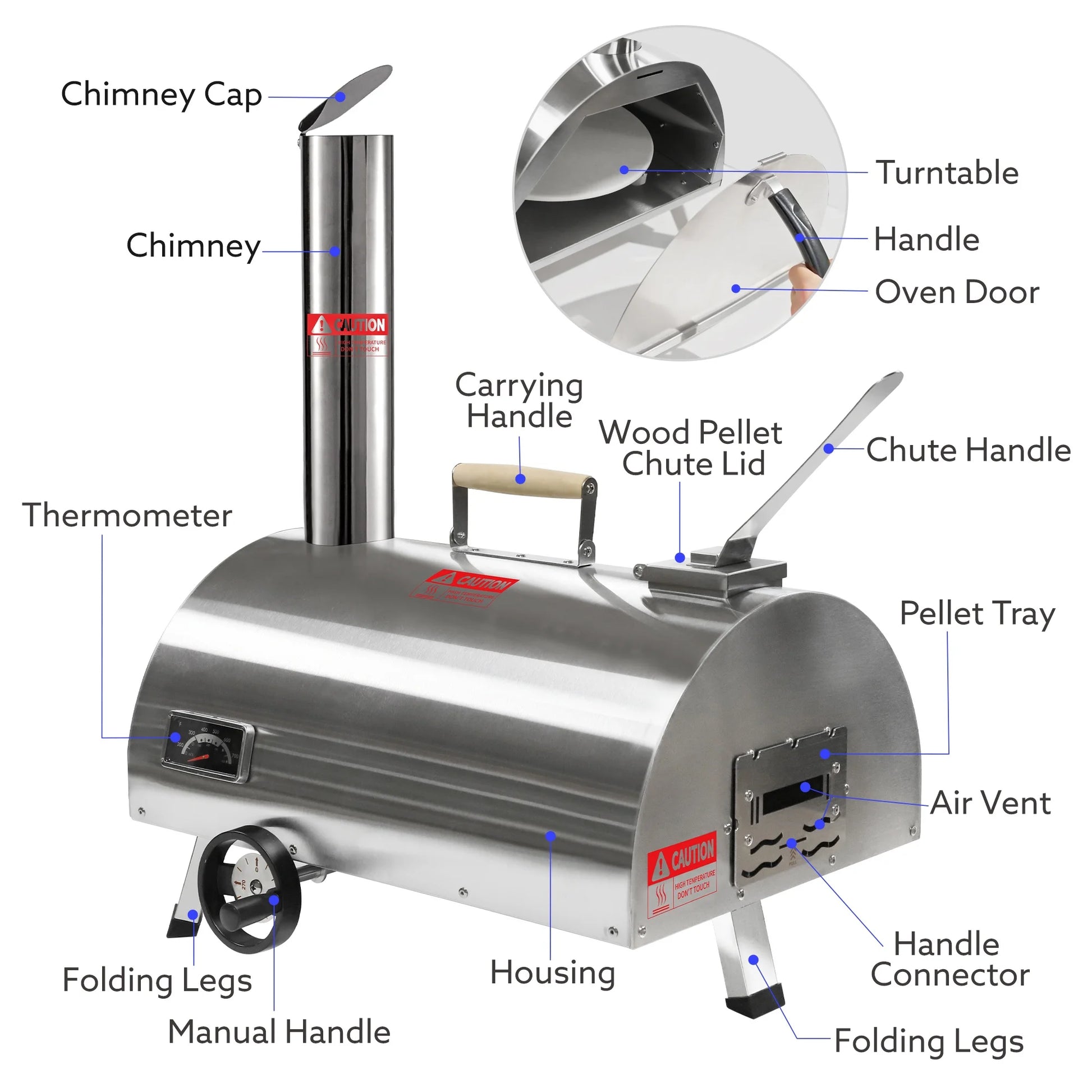 12" Wood Pellet Outdoor Pizza Oven, Portable Stainless Steel Rotatable Pizza Maker with Built-in Thermometer, Carry Bag, Pizza Cutter, Semi-Automatic Pellet & Wood Pizza Oven for Garden BBQ, Patio