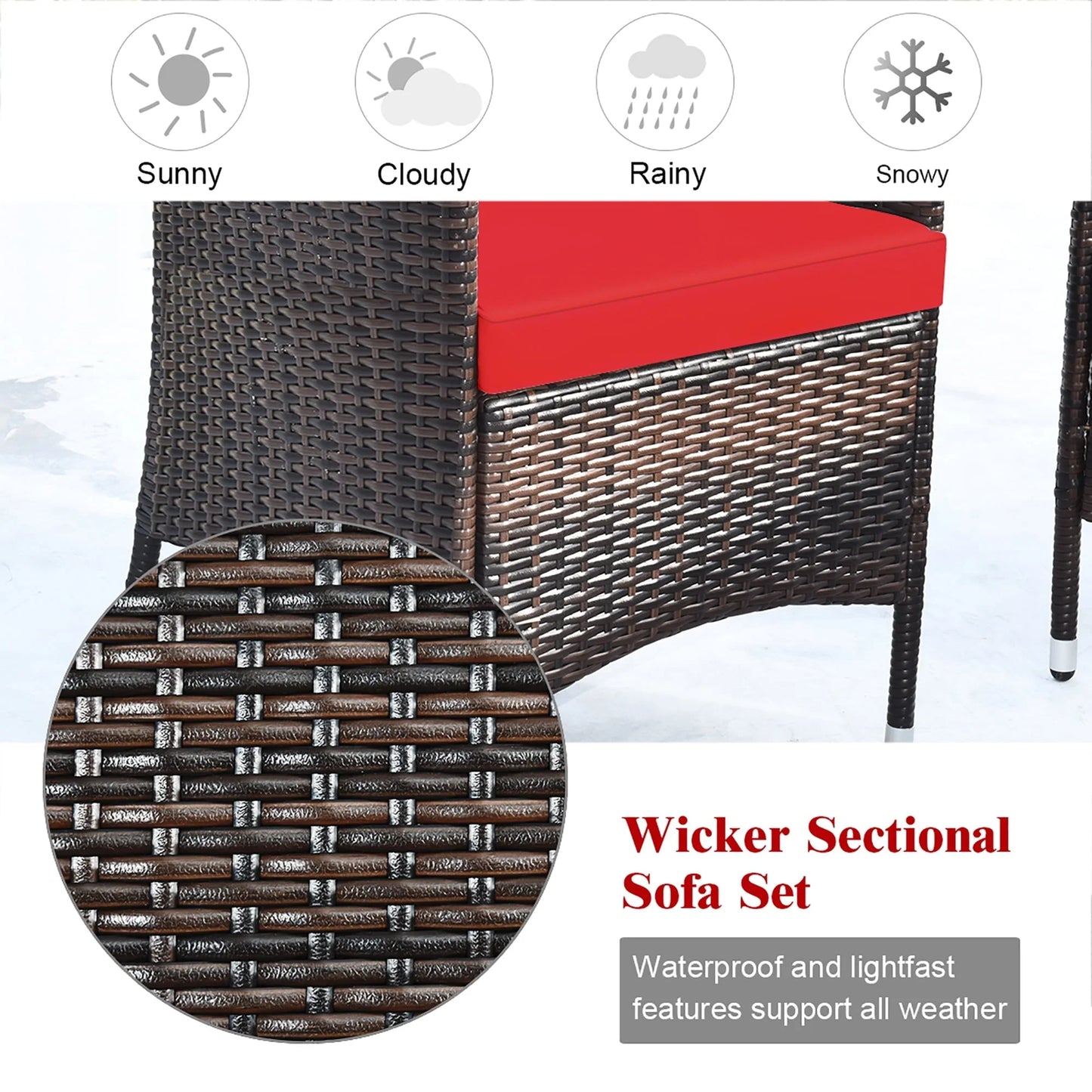 Costway 4PCS Rattan Patio Furniture Set Cushioned Sectional Sofa Chair Coffee Table Red