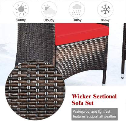 Costway 4PCS Rattan Patio Furniture Set Cushioned Sectional Sofa Chair Coffee Table Red