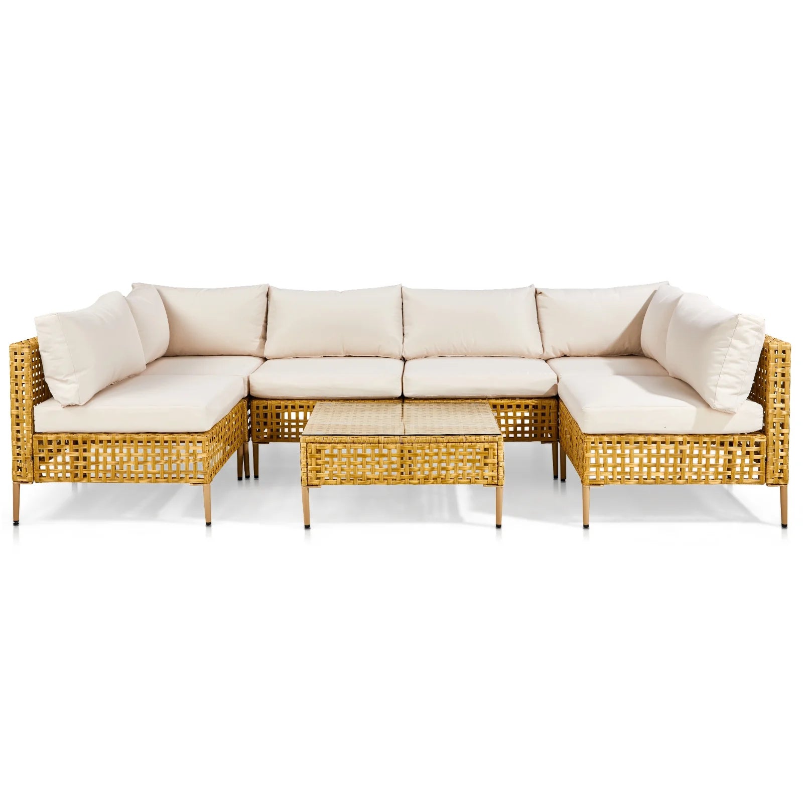Ktaxon 7-Piece Wicker Patio Furniture Set, Patio Furniture Set with Water Resistant Thick Cushions and Coffee Table, Beige