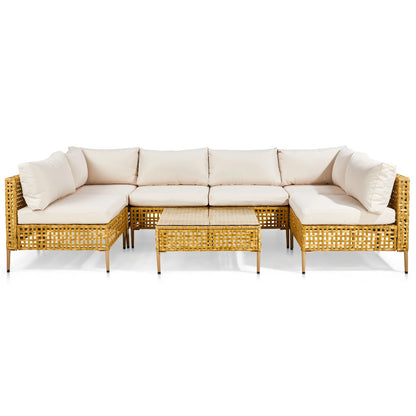 Ktaxon 7-Piece Wicker Patio Furniture Set, Patio Furniture Set with Water Resistant Thick Cushions and Coffee Table, Beige