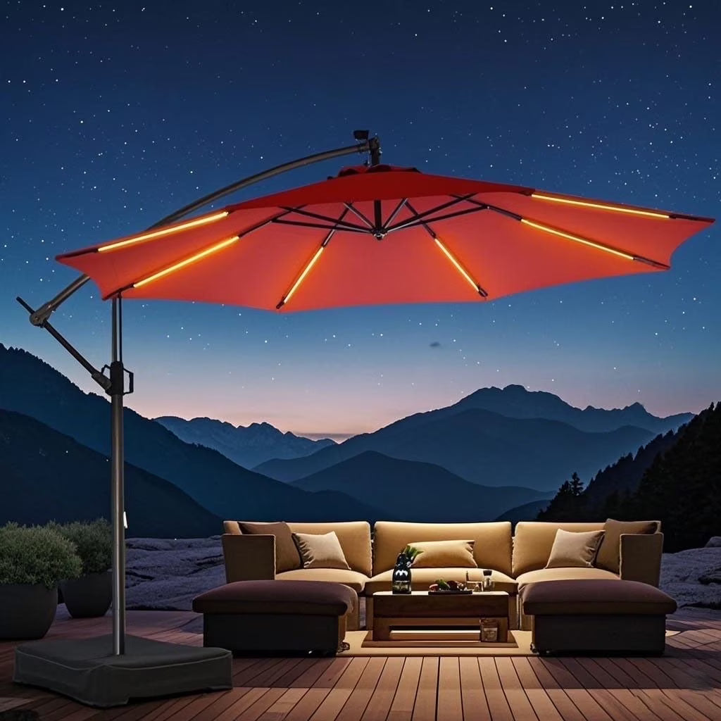 10ft Patio Umbrella Offset with Solar Light and Base,Offset Hanging Patio Outdoor Market Umbrella with Easy Tilt and Crank,for Yard,Garden,Home,Pool & Deck,Green