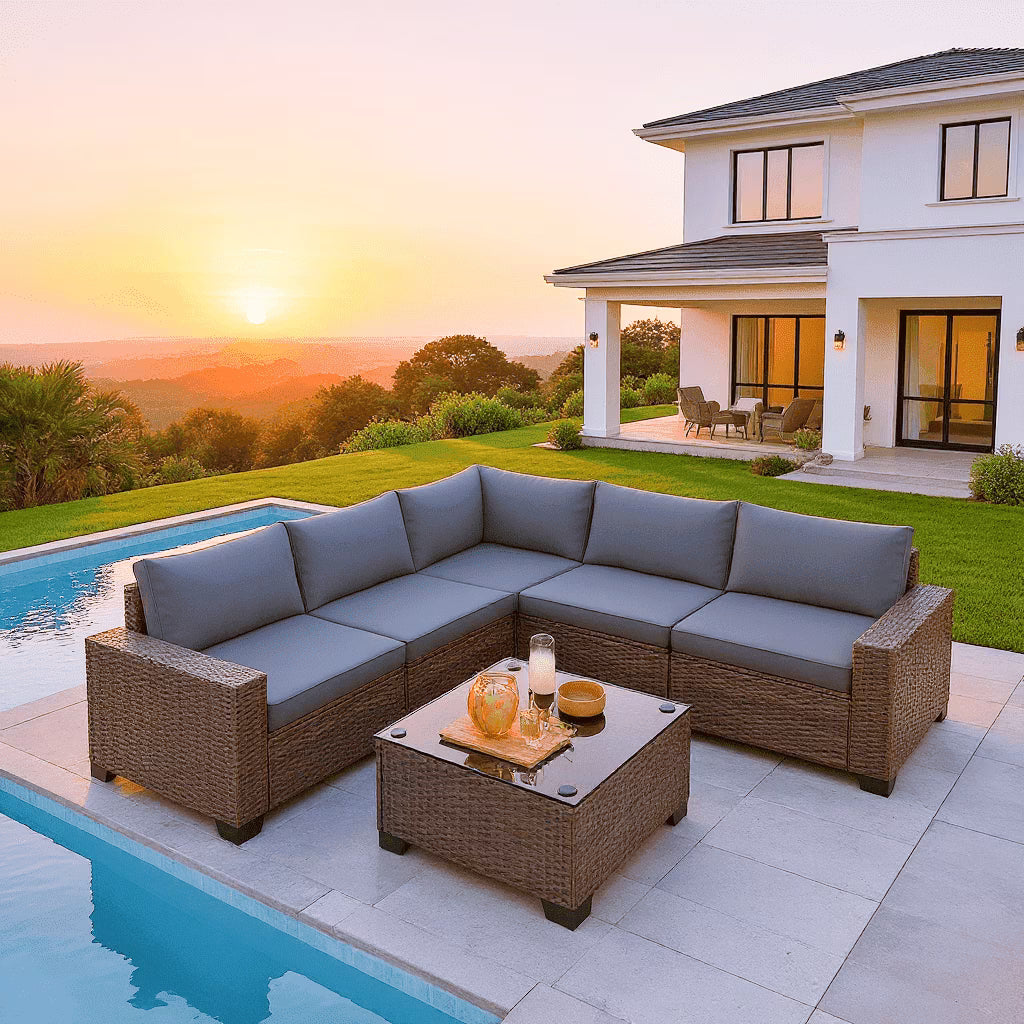 7 Piece Outdoor Patio Furniture Set, Asofer Rattan Wicker Outdoor Conversation Sectional Sofa Set, Gray