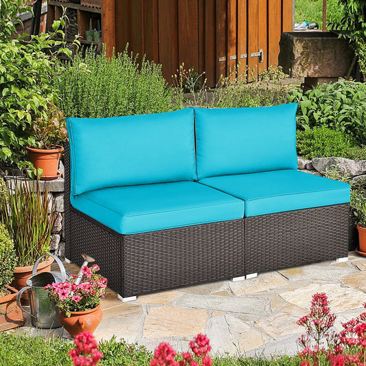 Gymax 2PCS Patio Wicker Rattan Sectional Armless Chair Sofa w/Turquoise Cushion