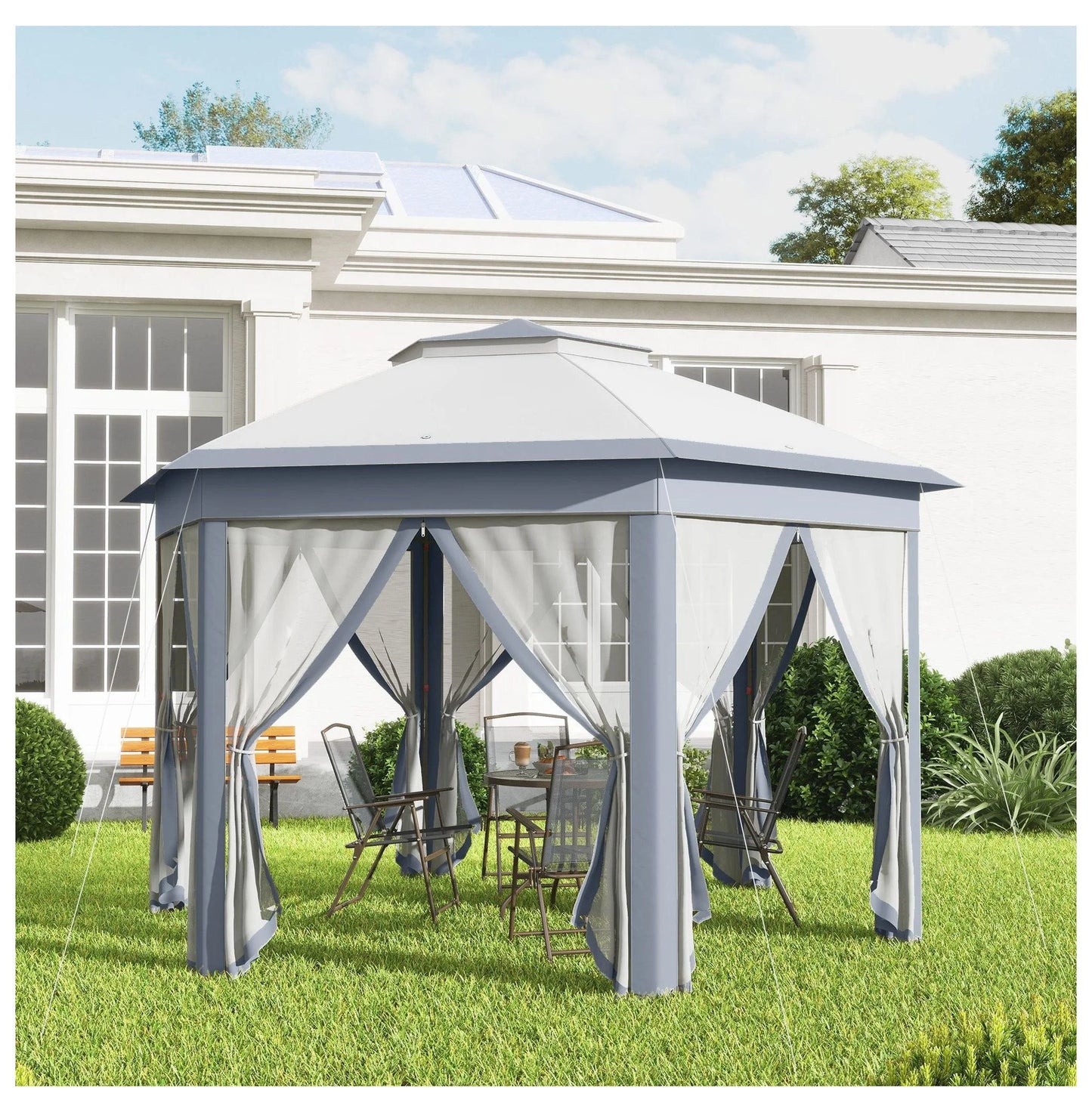 SAZYY 13'x13' Pop Up Gazebo Hexagonal Canopy Shelter with 6 Zippered Mesh Netting for Patio Backyard Garden Wedding Party