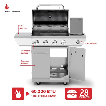 Nexgrill 3-Burner Stainless Steel Propane Gas Grill with Side Tables, 40,500 BTUs, 4 Wheel Transport, 591 SQ. IN. Cooking Space, Outdoor Kitchen Grill for BBQs, Patios, and More - 720-0830MN