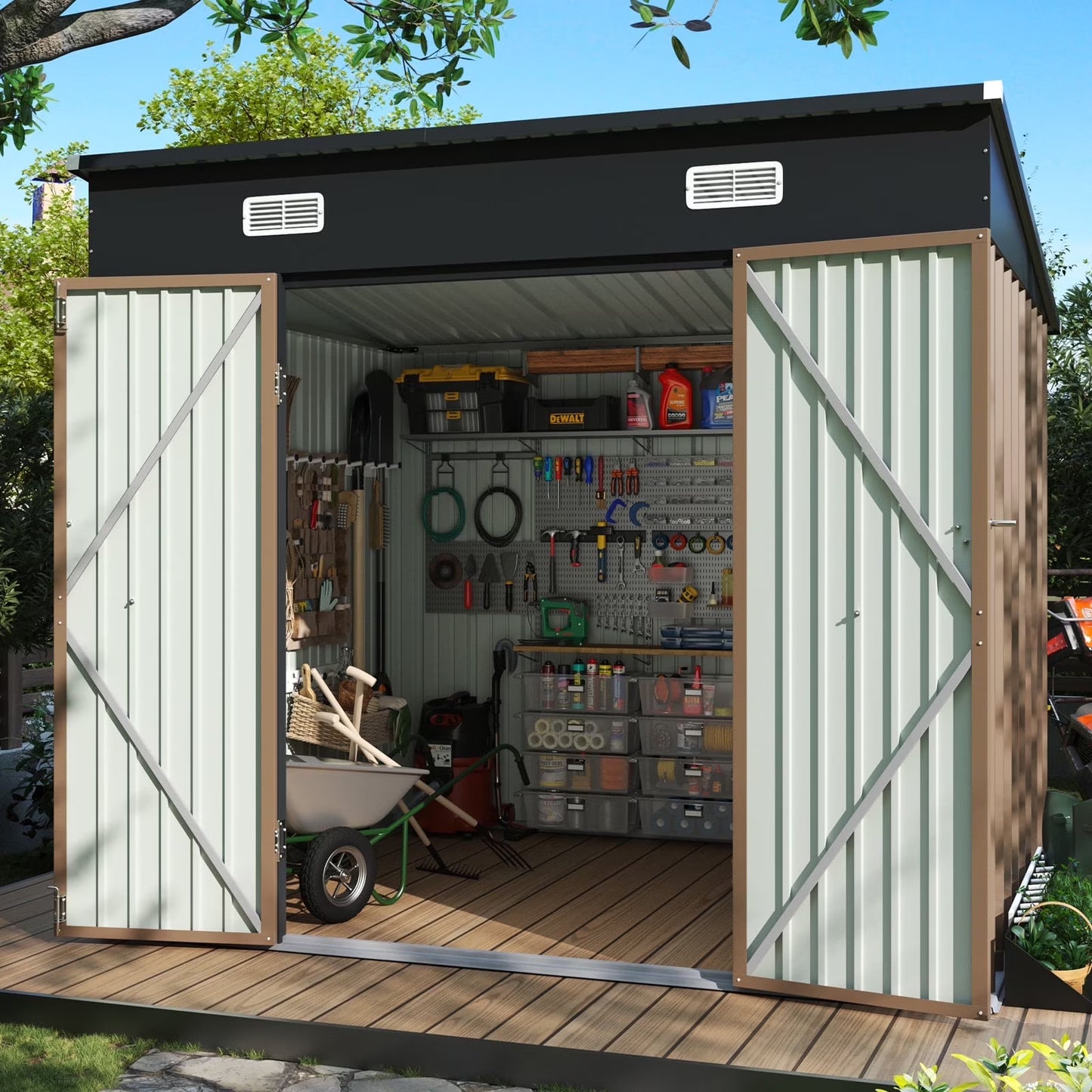 Aoxun 6' x 4' Storage Shed Lean to Storage Shed, Outdoor Metal Wall Side Storage Sheds, Outdoor Storage Cabinet for Patio, Garden, Lawn (Brown)