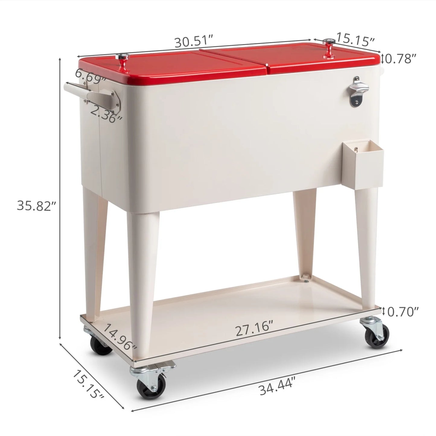 80 QT Rectangular Rolling Cooler Cart with Wheels, Portable Ice Chest with Bottle Opener and Storage Shelf, Outdoor Beverage Cart Ice Chest Cart for Patio Party, Picnic, BBQ, Camping, Red &White