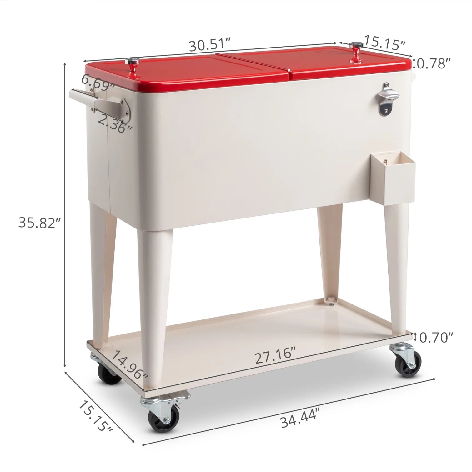 80 QT Rectangular Rolling Cooler Cart with Wheels, Portable Ice Chest with Bottle Opener and Storage Shelf, Outdoor Beverage Cart Ice Chest Cart for Patio Party, Picnic, BBQ, Camping, Red &White